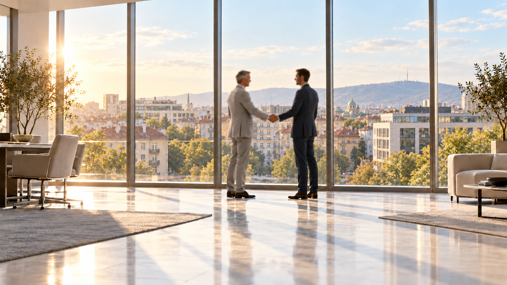 Two men in light grey and navy suits shaking hands in a sunlit office overlooking a Sofia-inspired cityscape